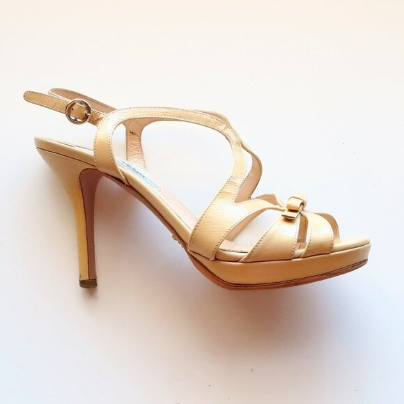 Prada Pale Yellow Patent Leather Strappy Platform Heels Sandals w Bow Size 7.5 - Picture 9 of 16